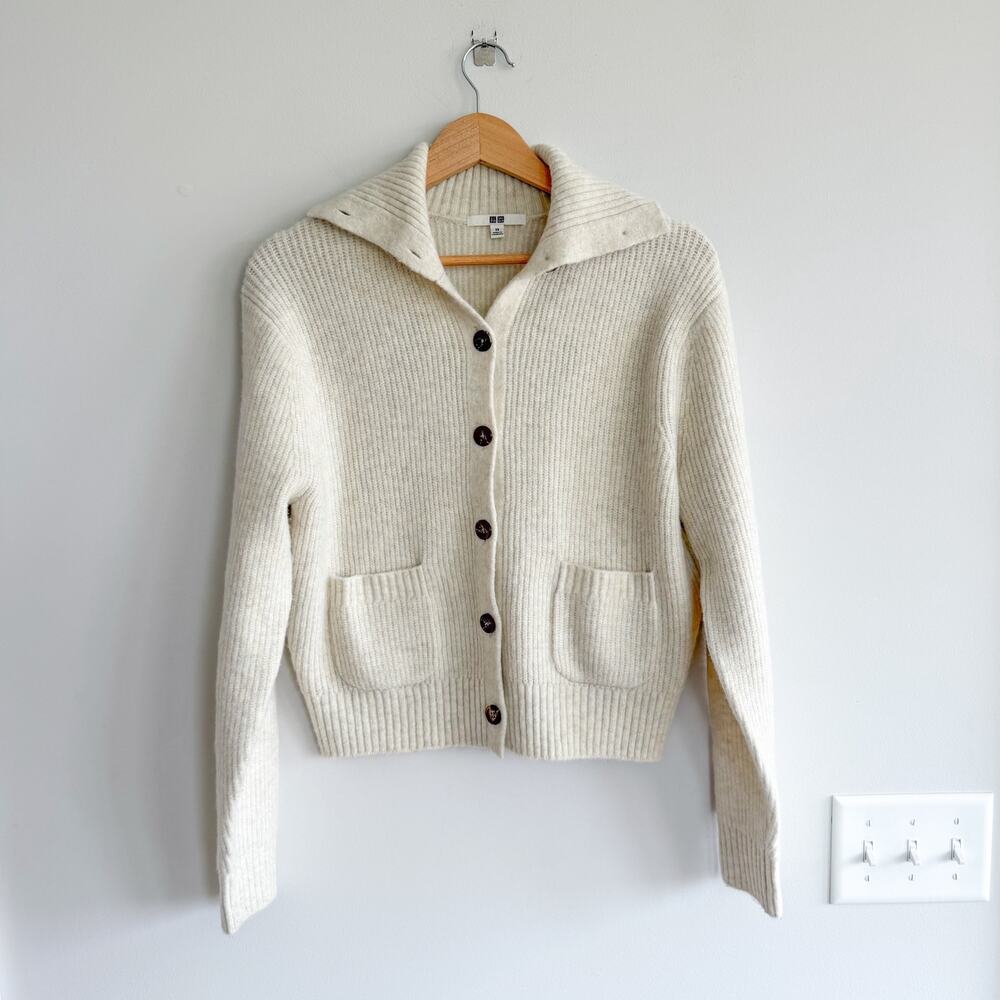 Uniqlo Souffle Yarn Ribbed Knit Button Front Cardigan Cream XS